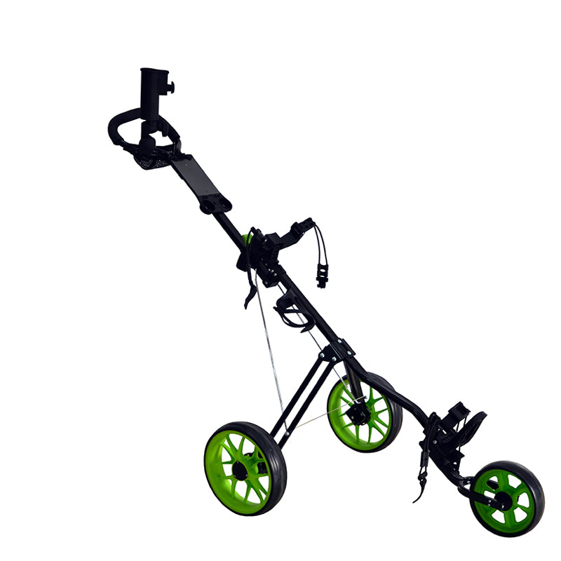 black golftrolley with green wheels