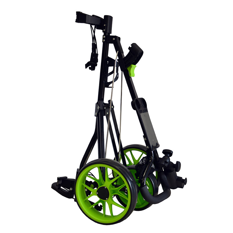 GolfRolfe 14385 Premium Golf Trolley in schwarz mit grünen Reifen