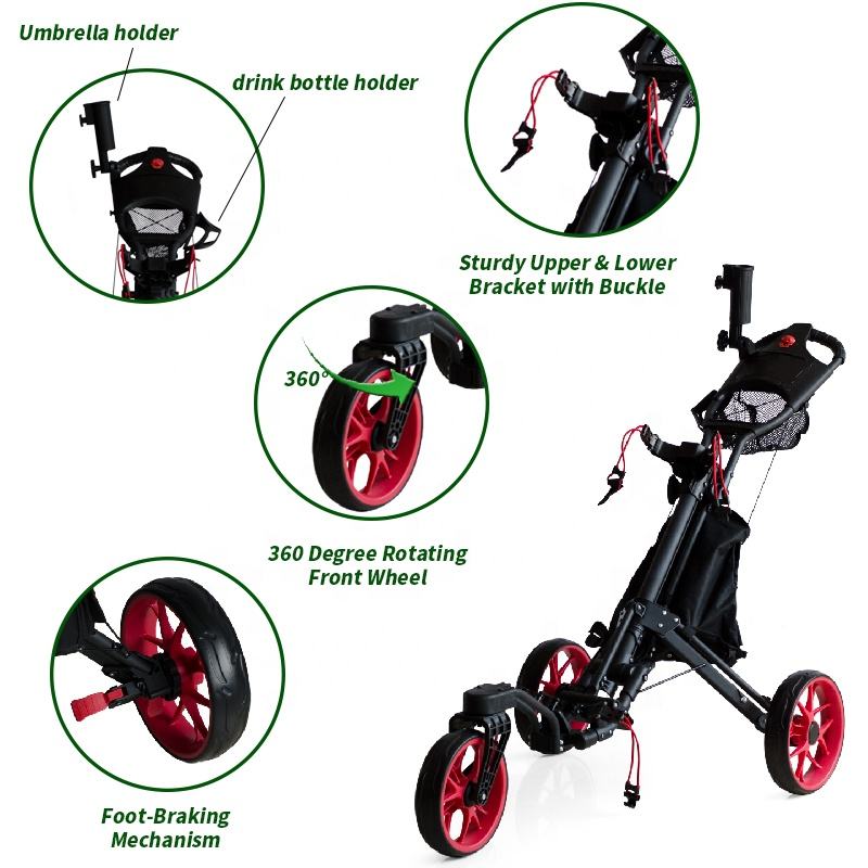 GolfRolfe 14392 Premium Golf Trolley in schwarz mit roten Reifen